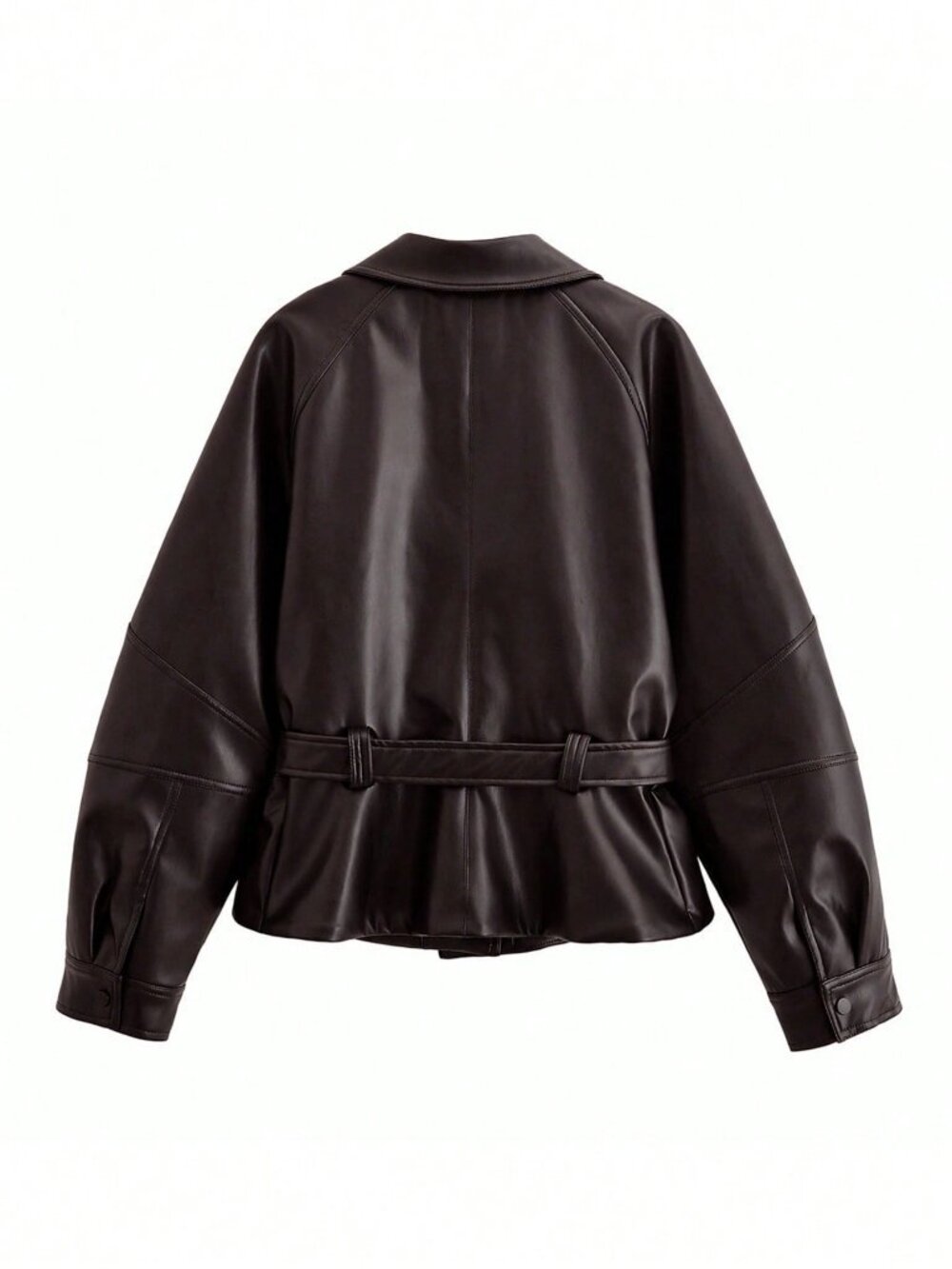 Brown Casual Women's Turndown Collar Faux Leather Jacket with Belt - Picture 4 of 4
